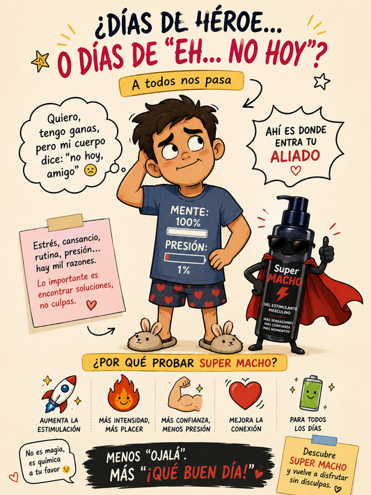"Ilustración divertida sobre las causas de la dificultad para mantener la erección, mostrando cómo el estrés y la presión pueden afectar la intimidad masculina y cómo recuperar la confianza."